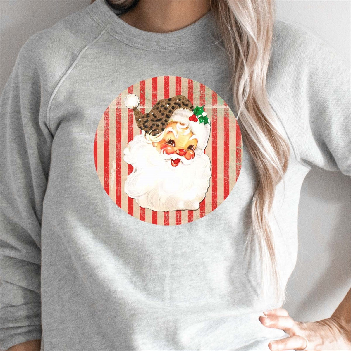 Vintage Santa With Cheetah Print Hat In Red & White Striped Circle Crew Sweatshirt