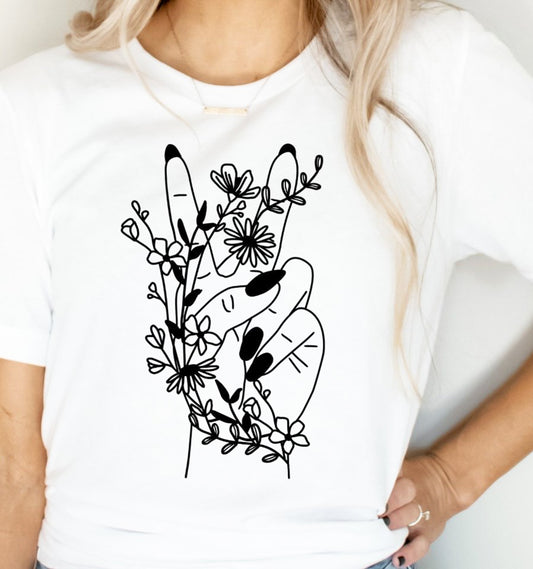 Floral Peace Sign With Small Flowers & Long Nails Tee