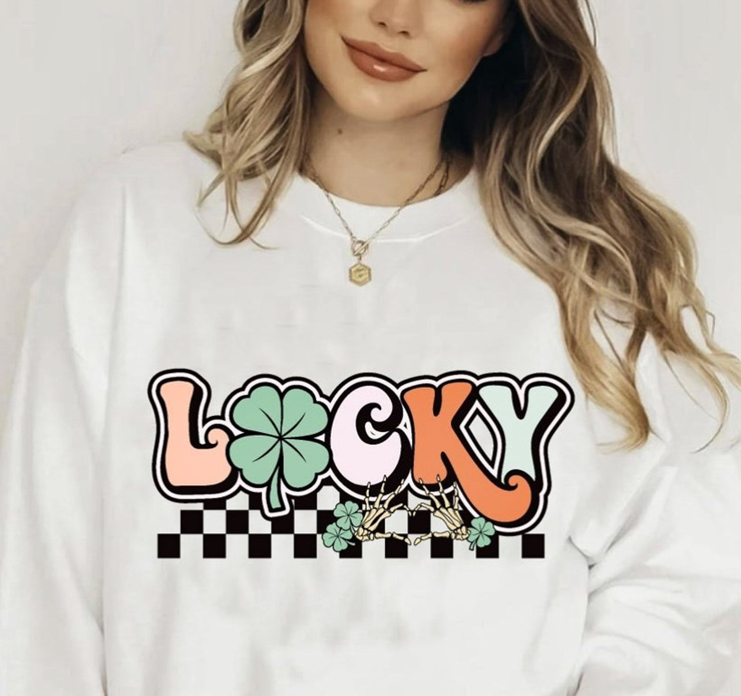 Lucky With Checkered Background Crew Sweatshirt