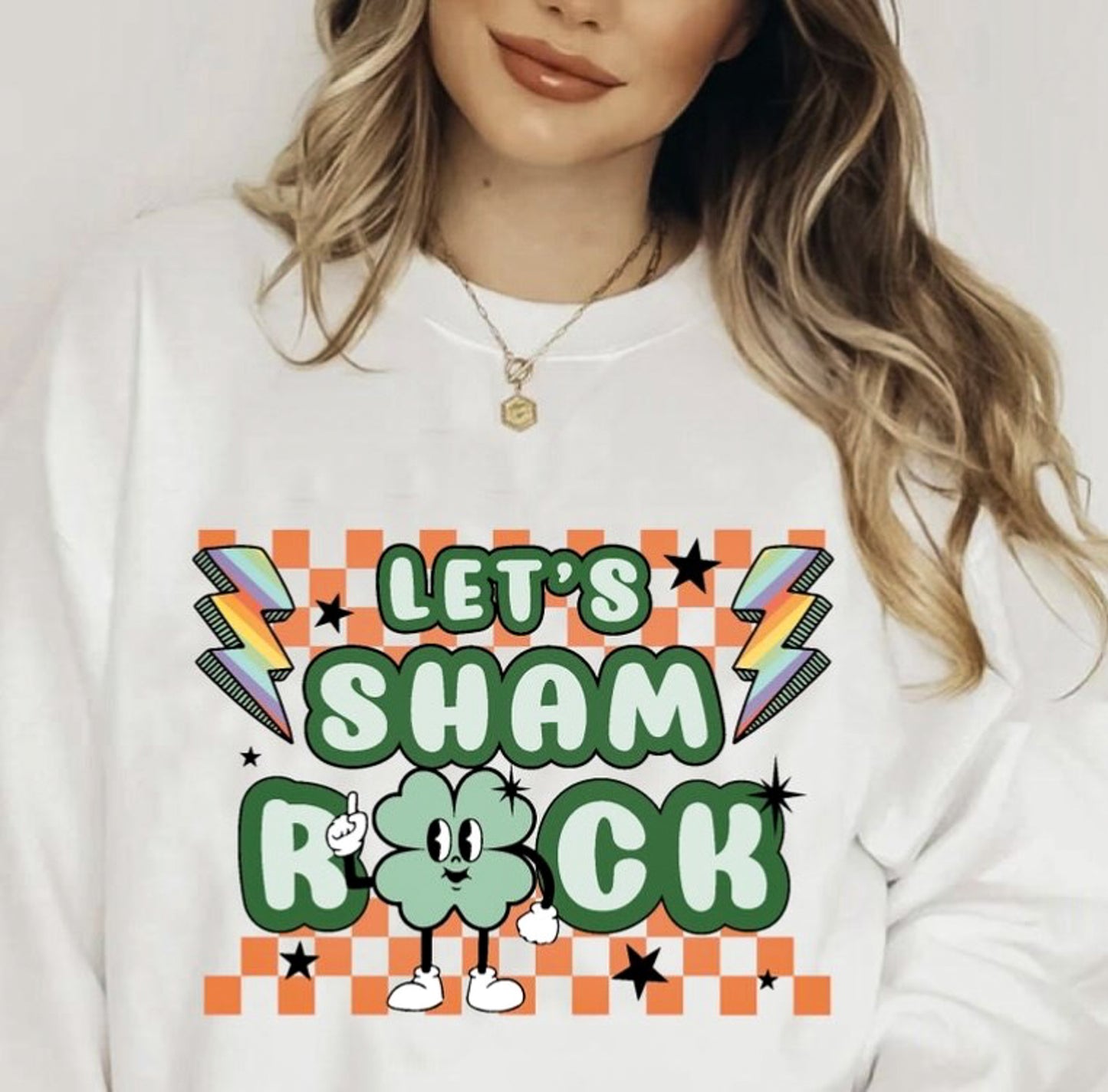 Let's Shamrock With Lightning Bolts & Checkered Background Crew Sweatshirt