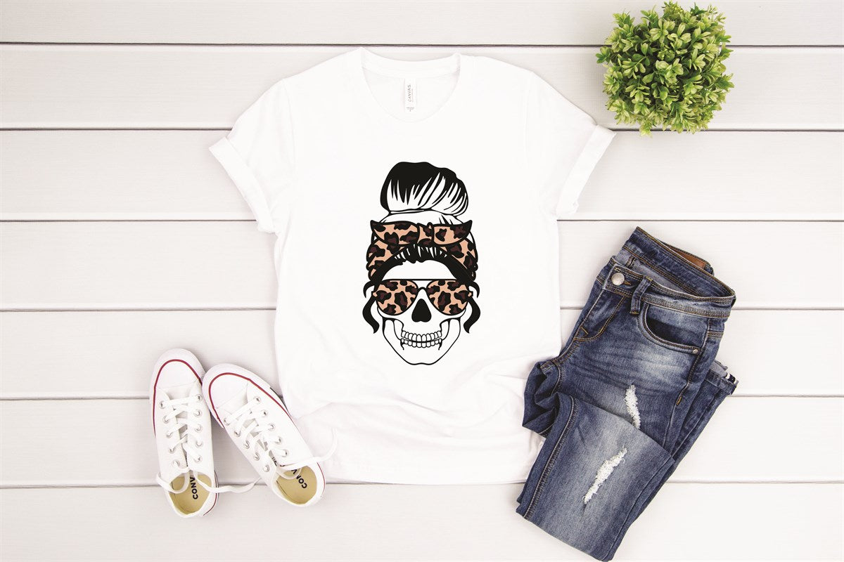 Skull With Messy Bun And Cheetah Print T-Shirt or Crew Sweatshirt