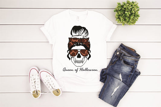 Skull With Messy Bun Queen Of Halloween Tee