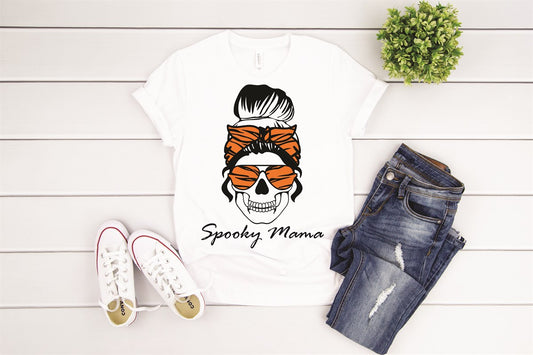 Skull With Messy Bun Spooky Mama Tee