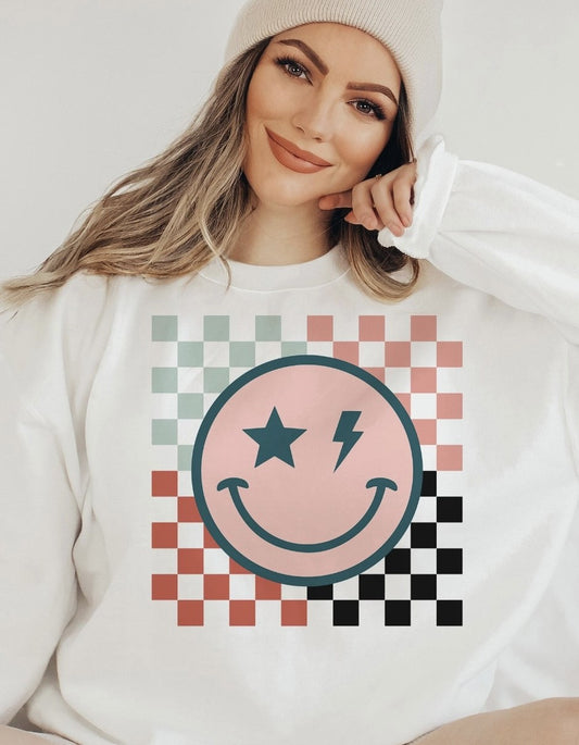 Smiley Face With Star & Lightning Bolt Eyes & Colorful Checkered Background Crew Sweatshirt
