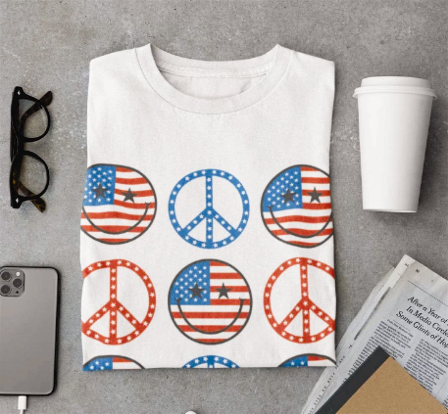 Patriotic Smiley Faces & Peace Signs T-Shirt or Crew Sweatshirt