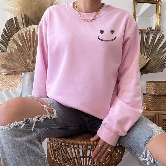 Simple Pocket Smile Embroidered Crew Sweatshirt