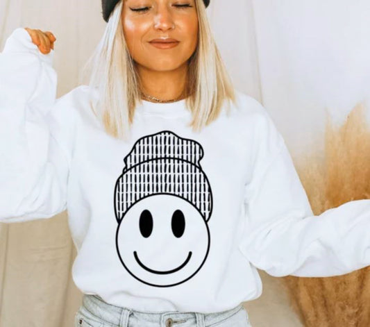 Smiley Face With Beanie Crew Sweatshirt