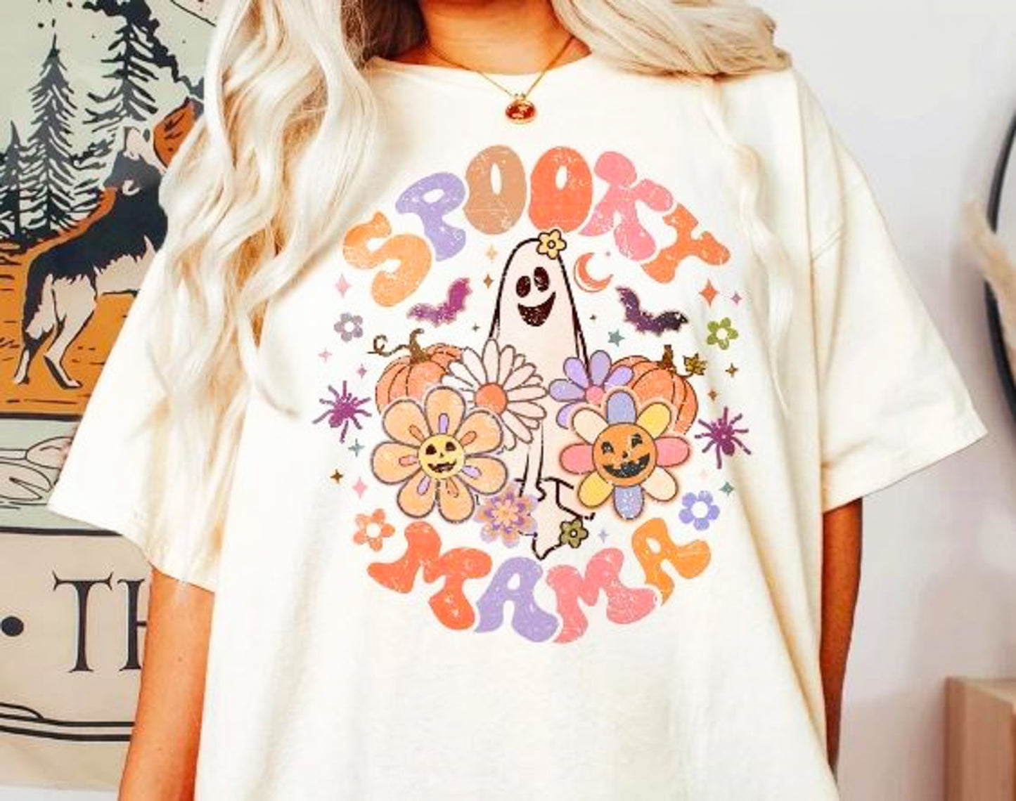 Spooky Mama With Ghost Flowers & Pumpkins Tee