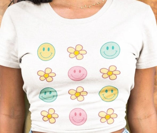 Smiley Face & Flower Pattern Tee