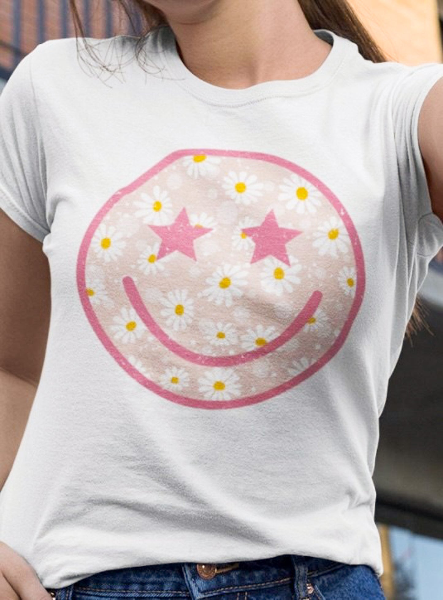 Star Eyes Smiley Face With Pink Flowers Tee