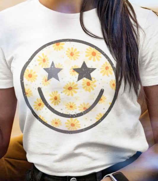 Star Eyes Smiley Face With Yellow Flowers Tee
