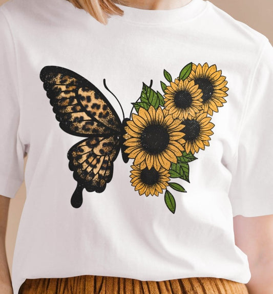 Leopard Print Butterfly & Sunflowers Tee