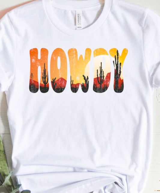 Howdy With Desert Sunset Scene Tee