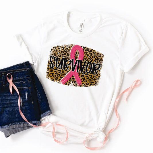 Breast Cancer Survivor Ribbon With Leopard Print Background Tee