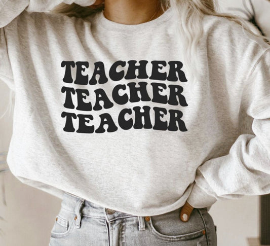 Teacher Wavy Stacked Crew Sweatshirt