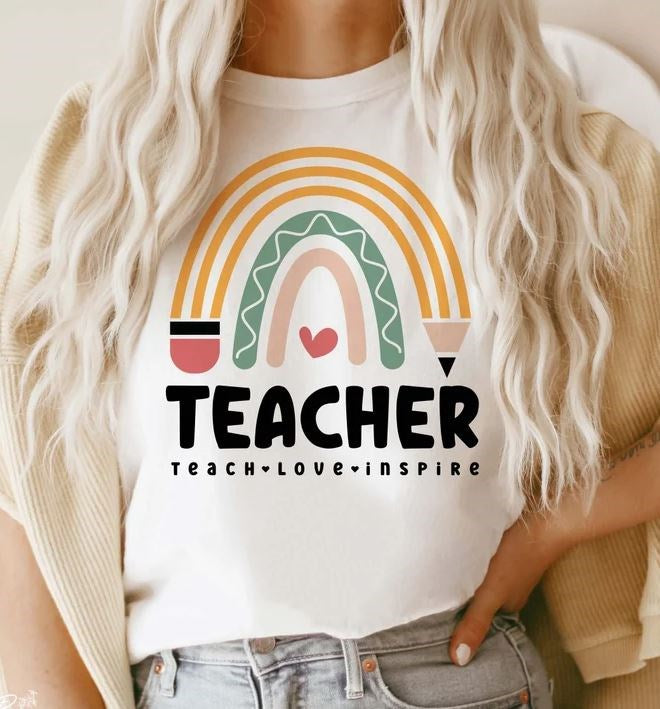 Teacher Teach Love Inspire Pencil Rainbow Tee