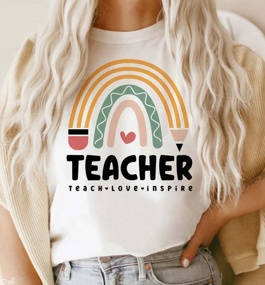 Teacher Teach Love Inspire Pencil Rainbow T-Shirt or Crew Sweatshirt