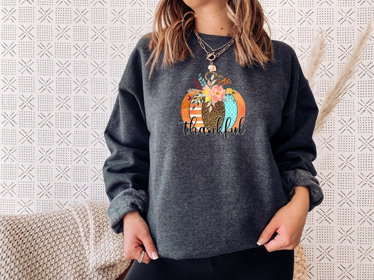 Thankful Fancy Patterned Pumpkin Crew Sweatshirt