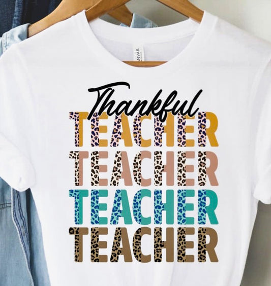 Thankful Teacher Stacked Leopard Print Tee