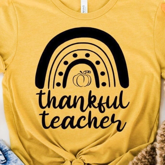 Thankful Teacher With Rainbow & Pumpkin Tee
