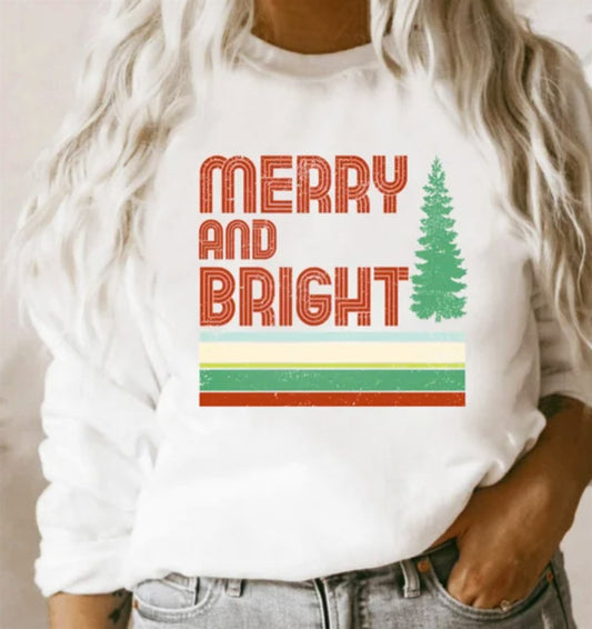 Merry And Bright With Tree Retro Crew Sweatshirt