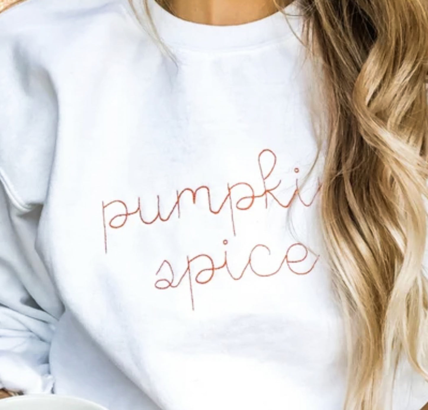 Pumpkin Spice Cursive Letters Embroidered T-Shirt or Crew Sweatshirt