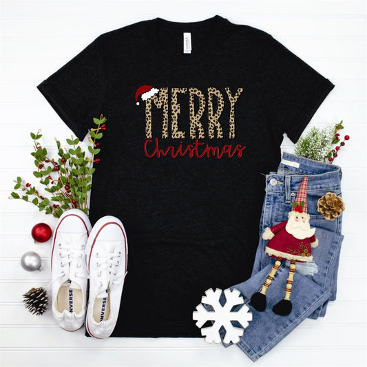 Merry Christmas With Santa Hat & Cheetah Print Tee