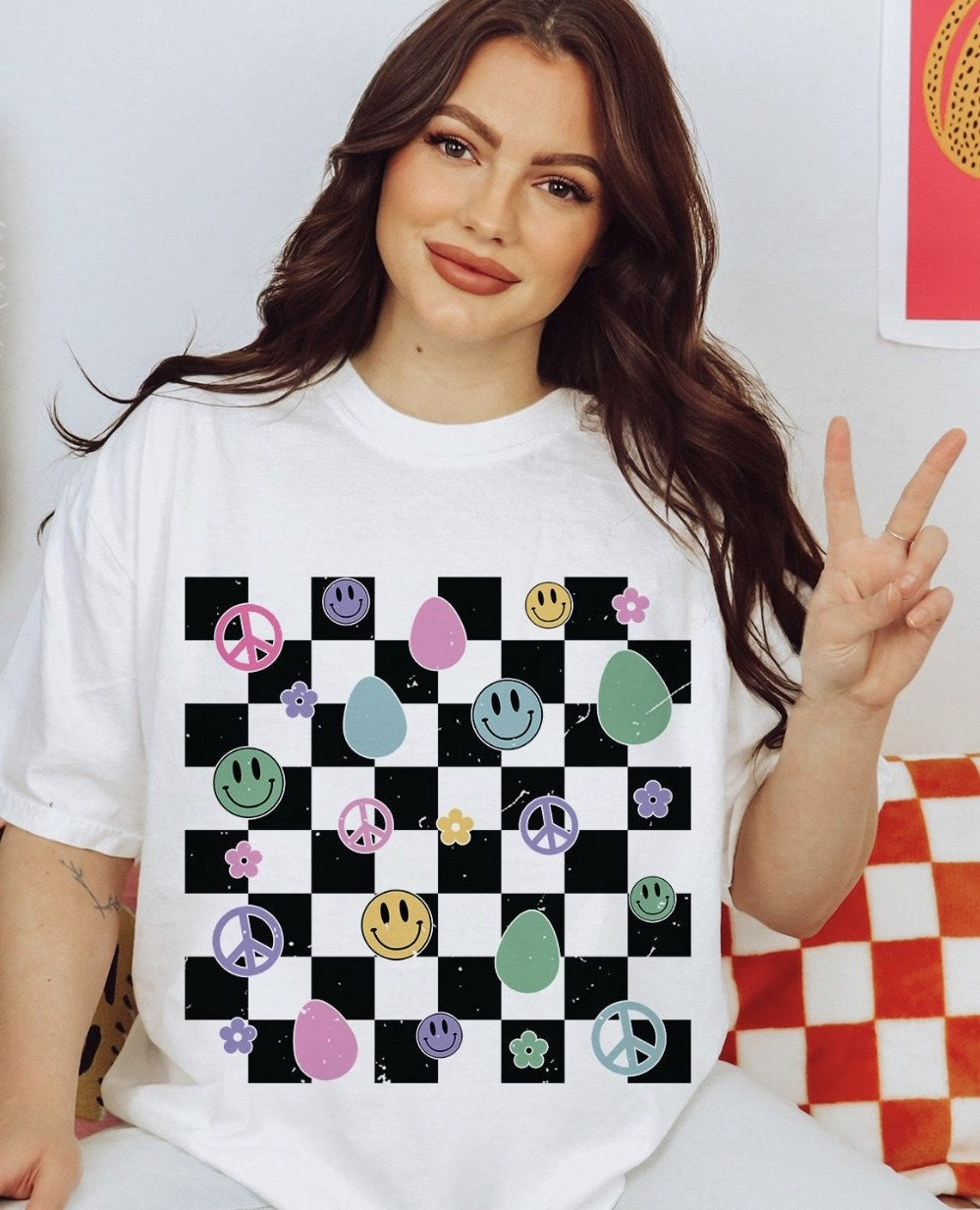 Checkerboard With Smileys Eggs & Peace Signs Tee
