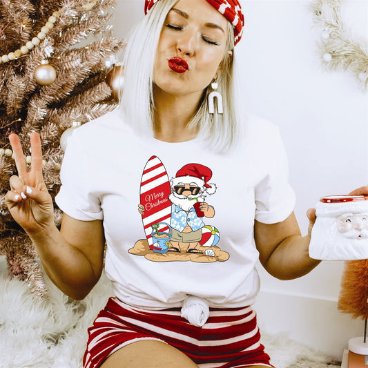 Merry Christmas Santa With Surfboard Tee