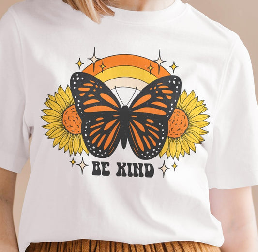 Be Kind Butterfly With Rainbow & Flowers Tee