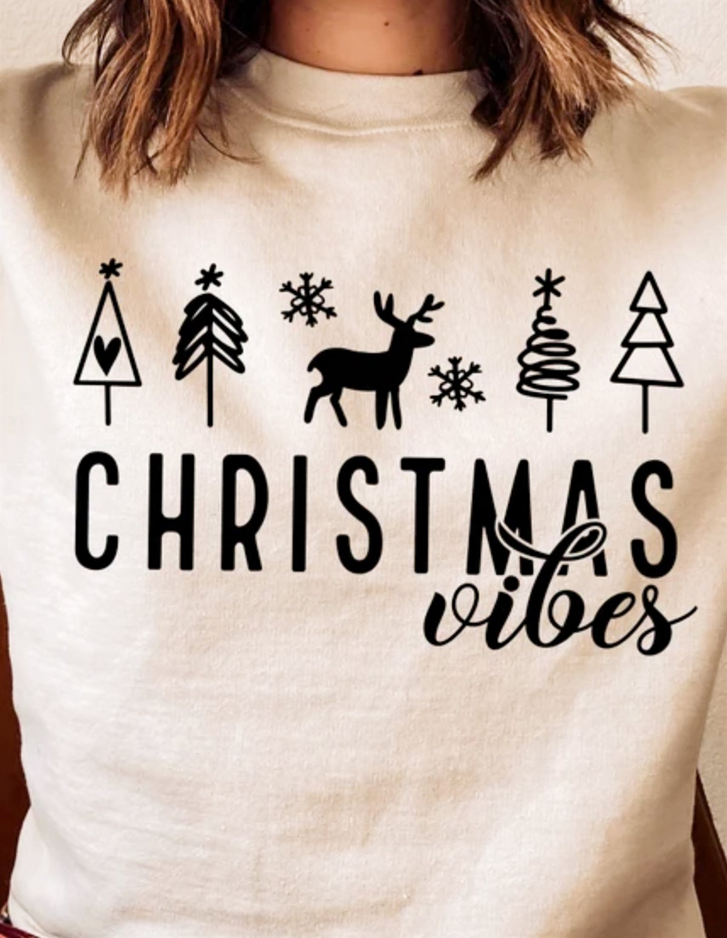 Christmas Vibes With 4 Trees & A Reindeer Crew Sweatshirt