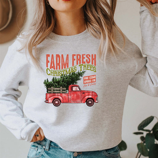 Farm Fresh Christmas Trees With Red Truck Crew Sweatshirt