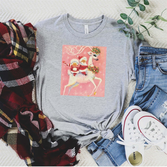 Vintage Santa & Mrs. Clause On White Reindeer Tee
