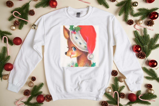 Vintage Reindeer With Santa Hat Crew Sweatshirt