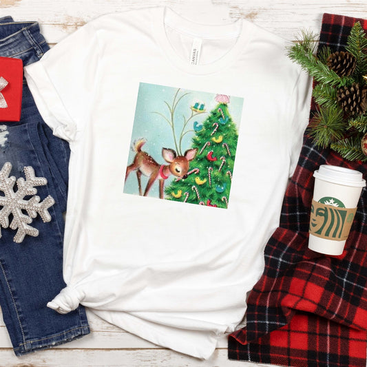Vintage Reindeer With Candy Cane & Christmas Tree Tee
