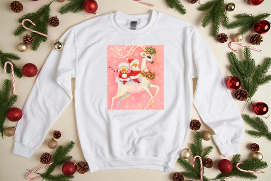 Vintage Santa & Mrs. Clause On White Reindeer Crew Sweatshirt