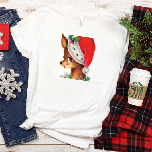 Vintage Reindeer With Santa Hat Tee