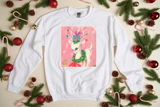 Vintage White Reindeer With Ornaments Hanging On Its Antlers Crew Sweatshirt