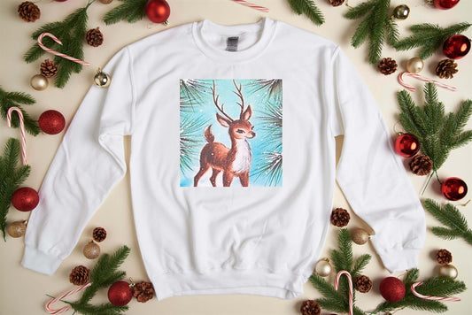 Vintage Reindeer With Pine Needles & Snow Crew Sweatshirt