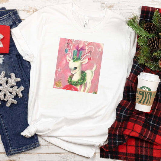 Vintage White Reindeer With Ornaments Hanging On Its Antlers Tee