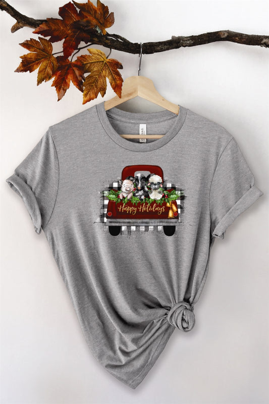 Happy Holidays Red Truck With 3 Animals In The Back Tee