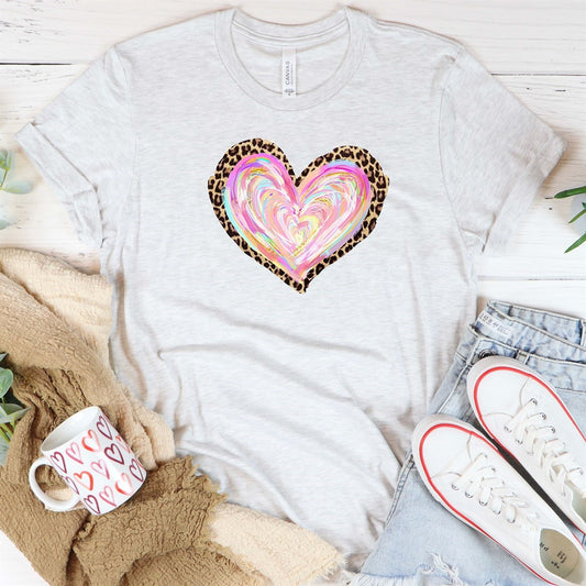 Watercolor Heart With Leopard Print Outline Tee