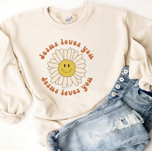 Jesus Loves You With Flower Crew Sweatshirt