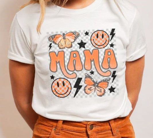 Checkered Mama With Butterflies & Smiley Faces T-Shirt or Crew Sweatshirt